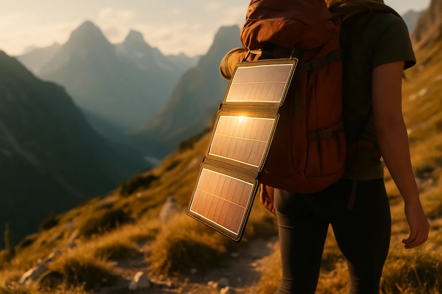Faltbares Solarpanel am Wanderrucksack in den Alpen — lädt Smartphone beim Wandern mit Sonnenlicht