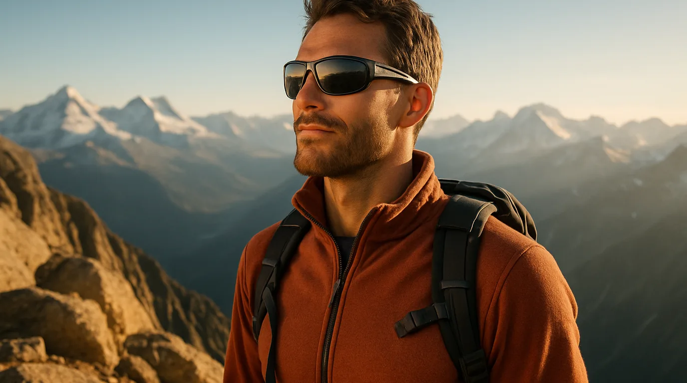 Bergsteiger mit Sonnenbrille auf einem verschneiten Gletscher im Hochgebirge