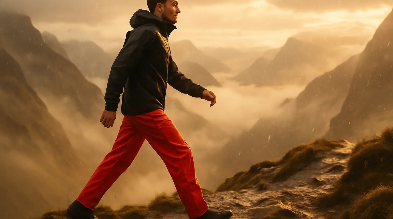 Wanderer in Regenhose auf nassem Bergpfad mit Blick auf bewölkte Alpenlandschaft