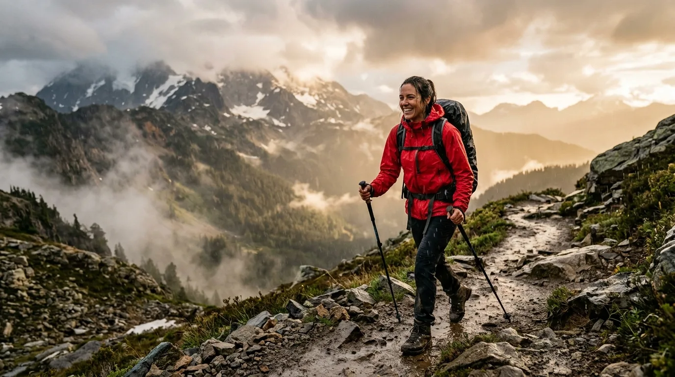 Wanderer in roter Regenjacke auf einem Bergpfad im Regen