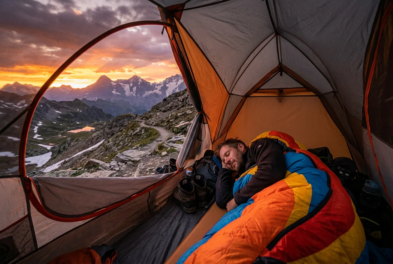 Kompakter Daunenschlafsack im Zelt auf einer Alpenwiese bei Sonnenuntergang mit Bergpanorama