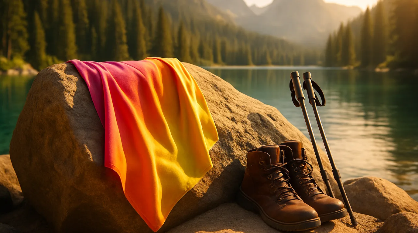 Schnelltrocknendes Mikrofaser-Outdoorhandtuch an einem sonnigen Bergsee aufgespannt