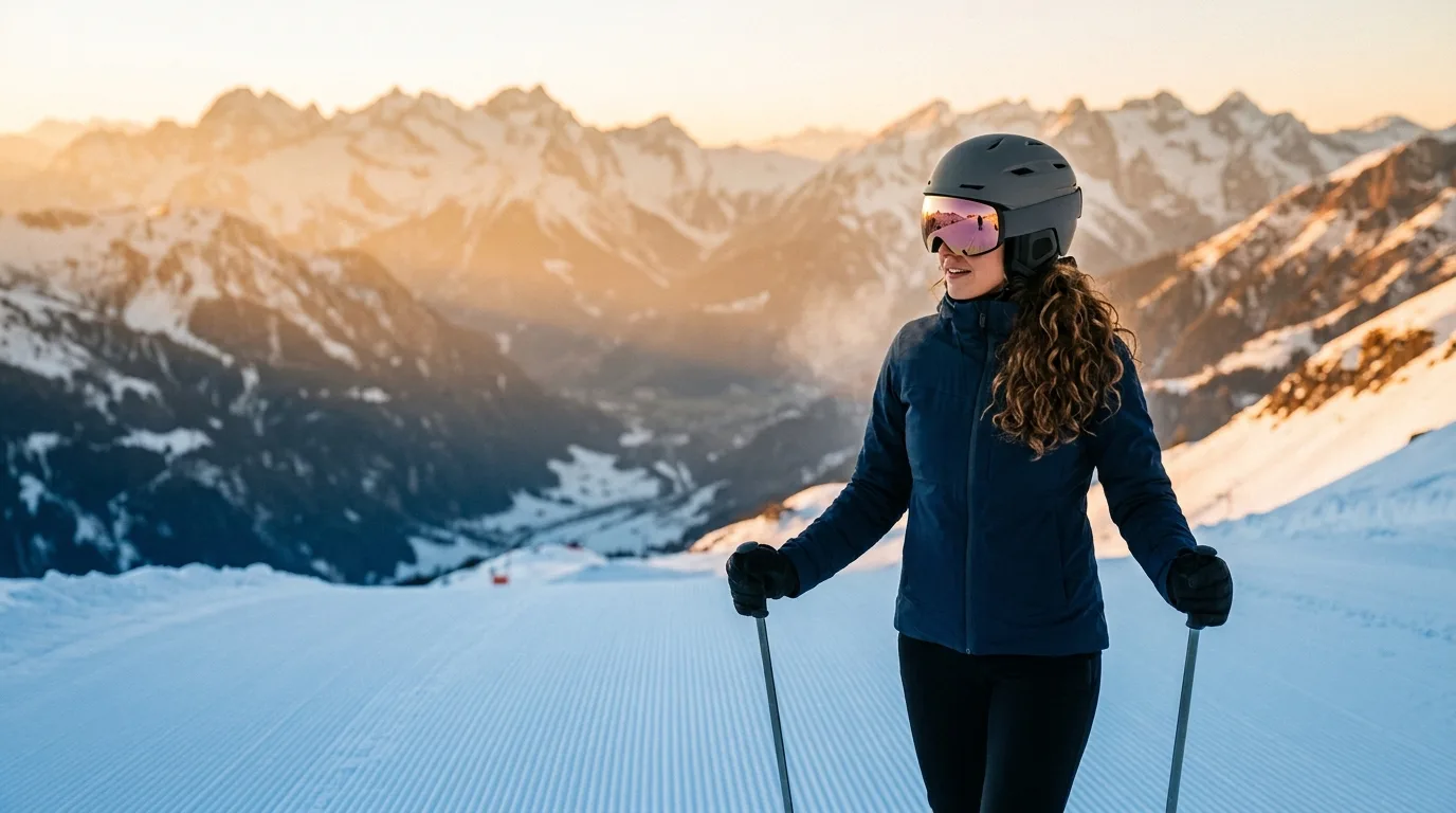 Skifahrer mit modernem MIPS-Skihelm und Skibrille auf einer sonnigen Piste mit Bergpanorama im Hintergrund