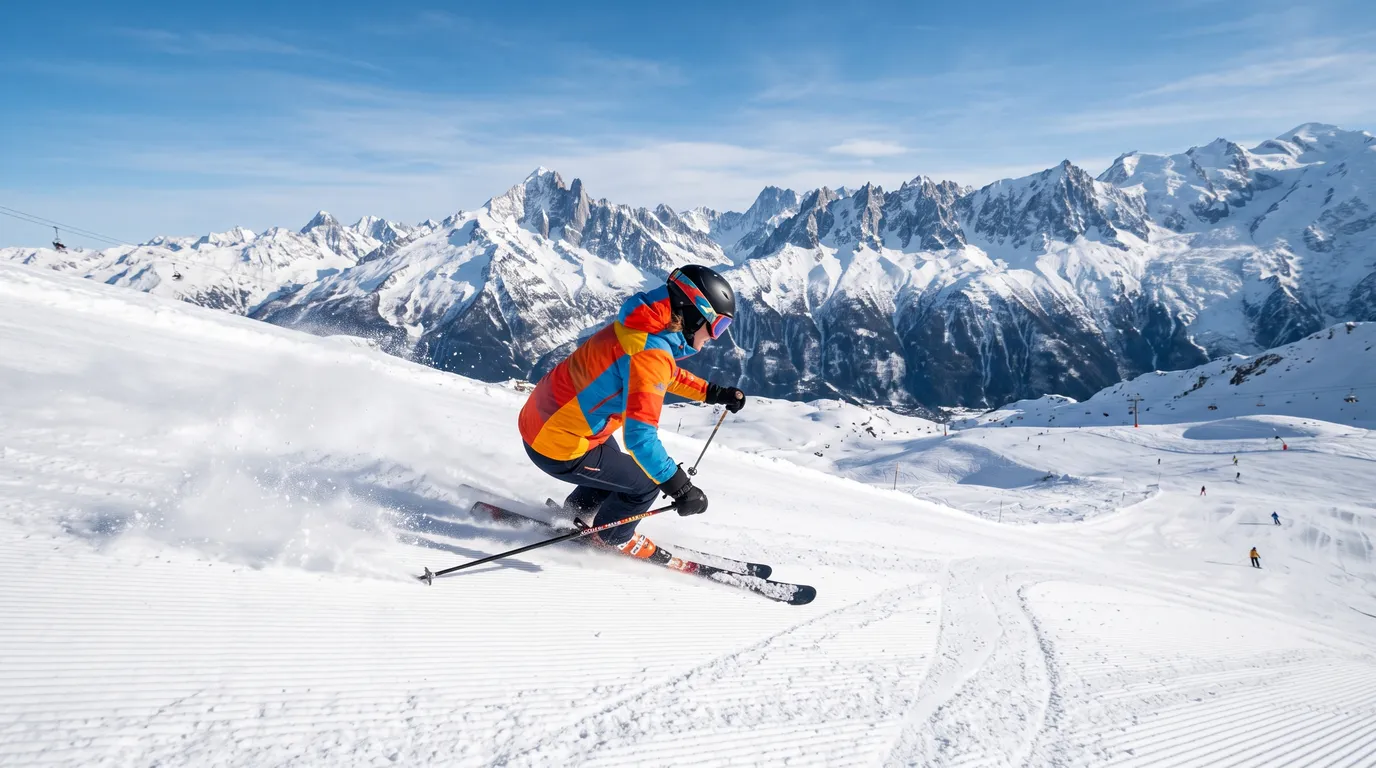 Skifahrer in bunter Skijacke beim Carven auf einer präparierten Piste vor Bergpanorama