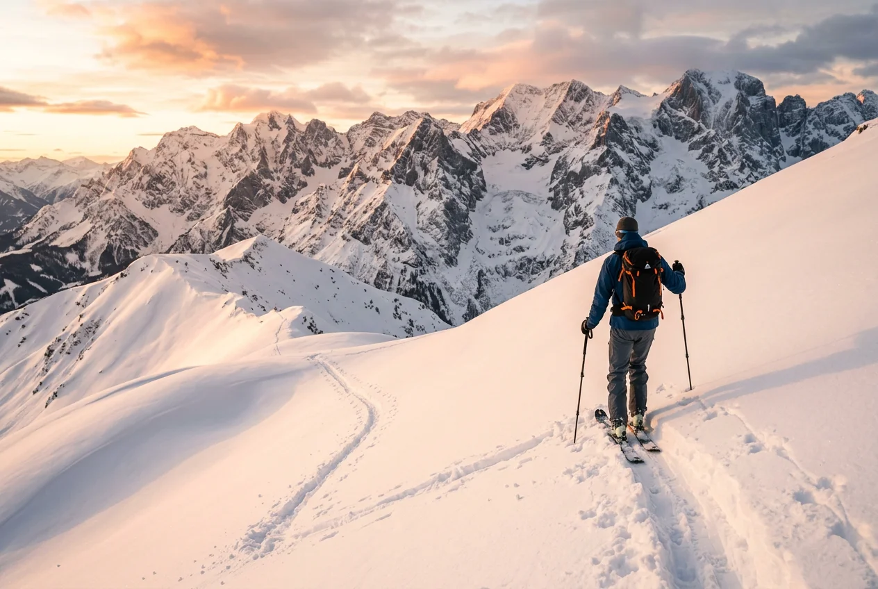 Skitourengeher steigt bei Sonnenaufgang durch unberührten Pulverschnee auf — leichte Tourenski mit Steigfellen auf alpinem Gipfelpanorama