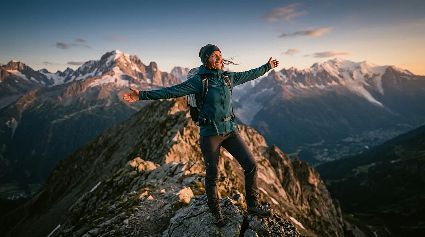 Kletterer in grauer Softshelljacke an einem Fels mit Blick ins Tal