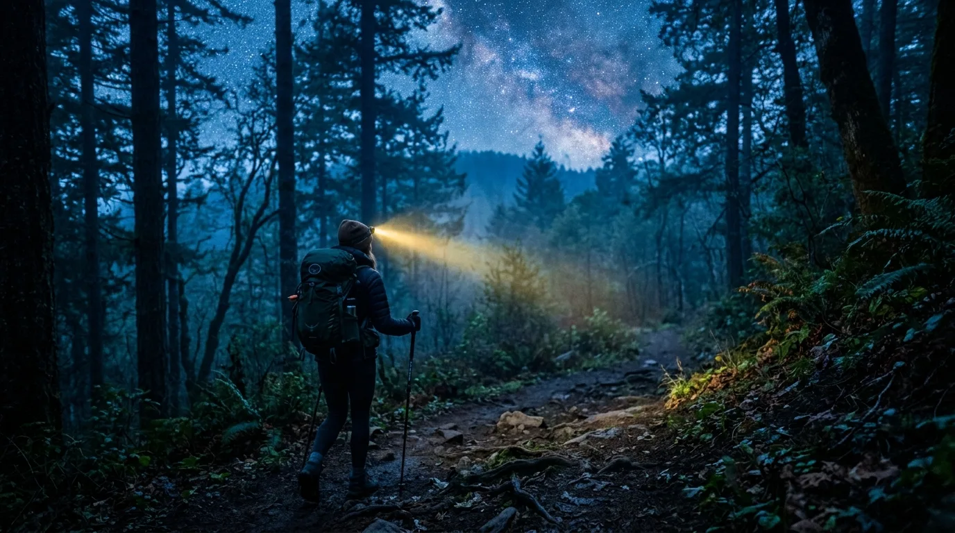Stirnlampe leuchtet auf einem nächtlichen Bergpfad mit Sternenhimmel und Waldsilhouette