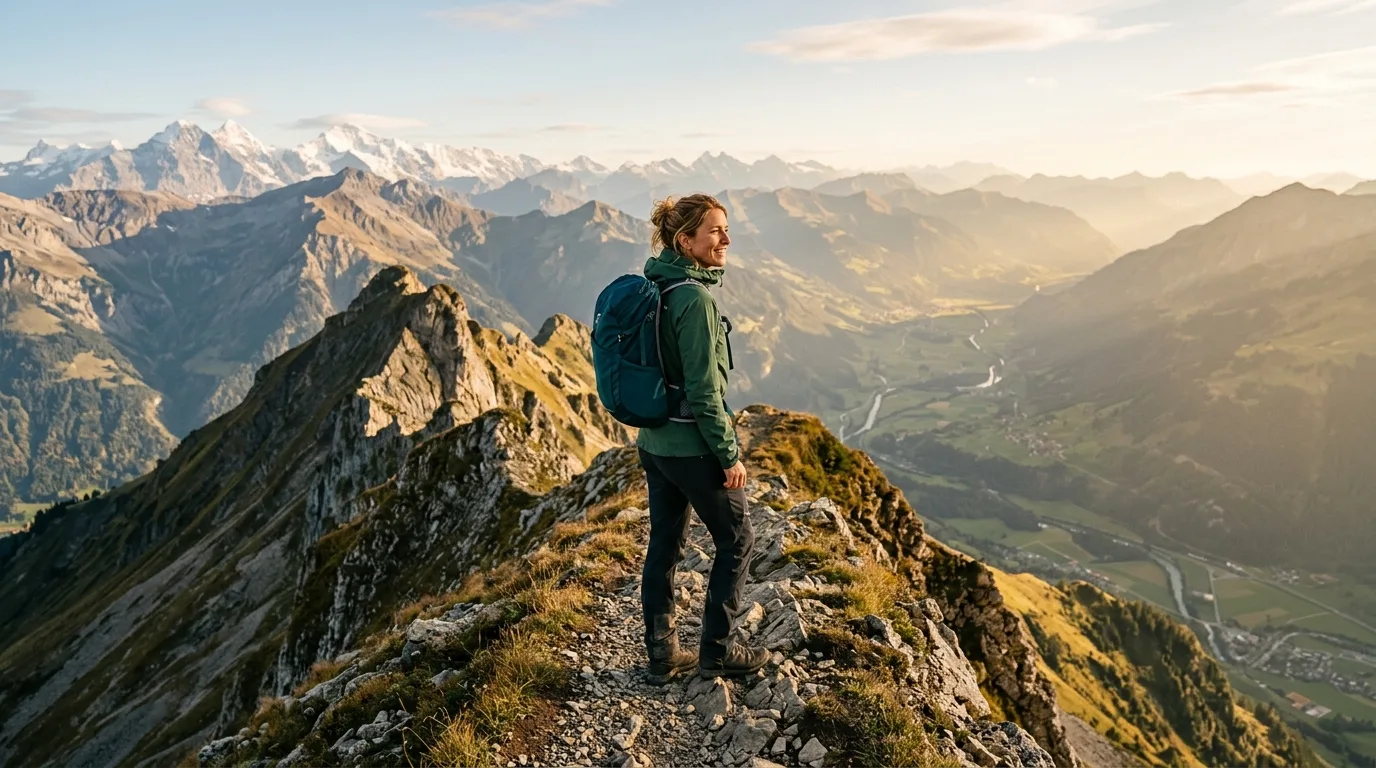 Wanderer mit leichtem Tagesrucksack auf einem sonnigen Bergkamm mit Alpenpanorama