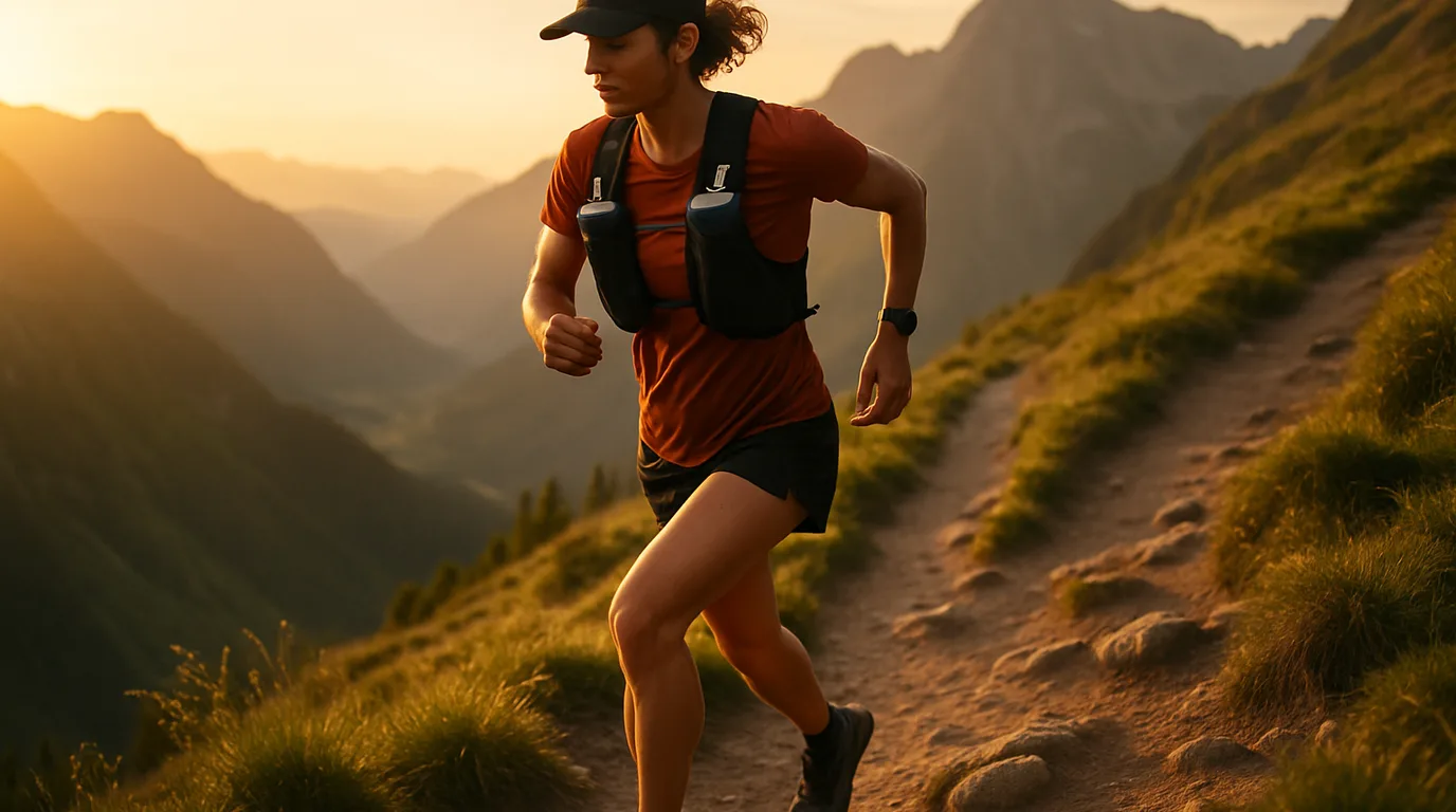Trailläufer trägt eine eng anliegende Laufweste bergauf auf einem schmalen Bergpfad im goldenen Abendlicht