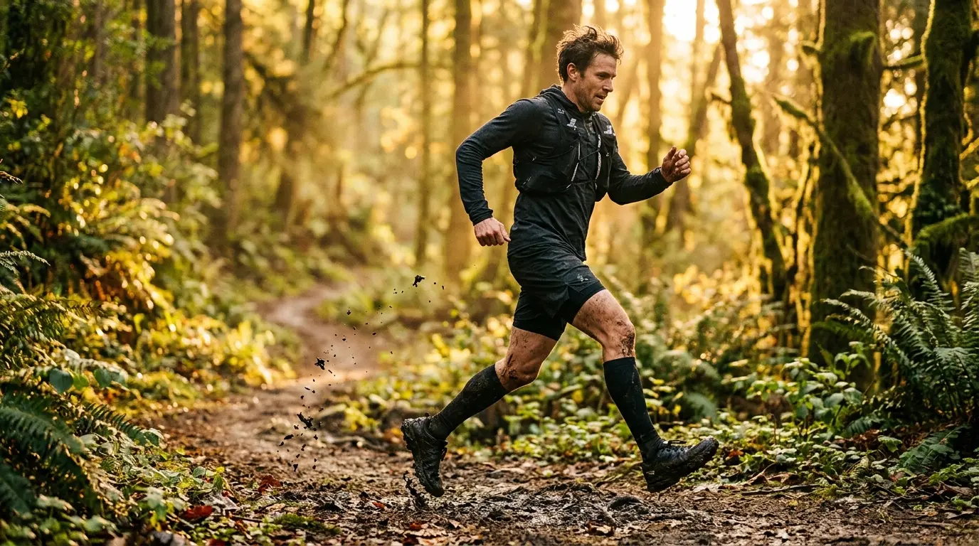 Trailrunning-Schuhe auf einem matschigen Waldpfad mit tiefen Reifenstollen