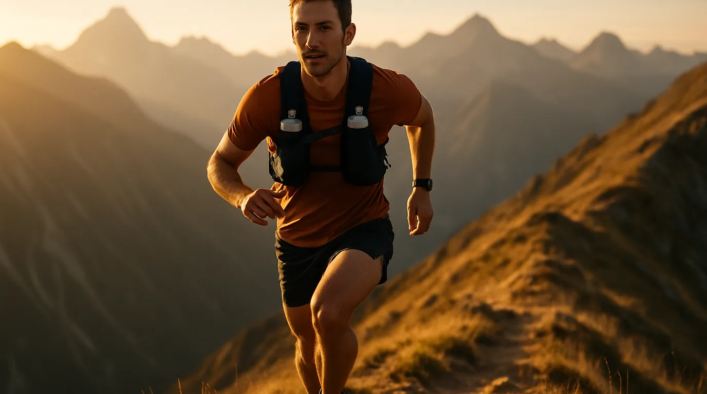 Läuferin mit Trail Running Weste beim Bergmarathon in alpiner Landschaft