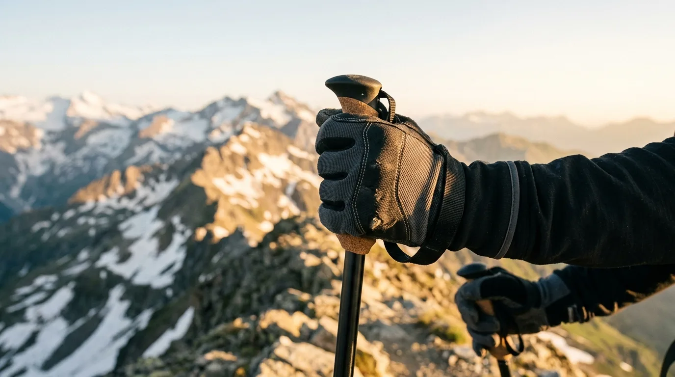 Paar Trekkinghandschuhe auf einem Bergfelsen mit alpinem Panorama im Hintergrund