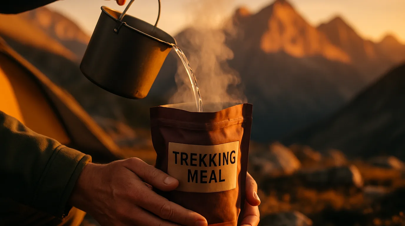 Gefriergetrocknete Trekkingmahlzeit wird mit heißem Wasser in der Beutelverpackung zubereitet, Berglandschaft im Hintergrund