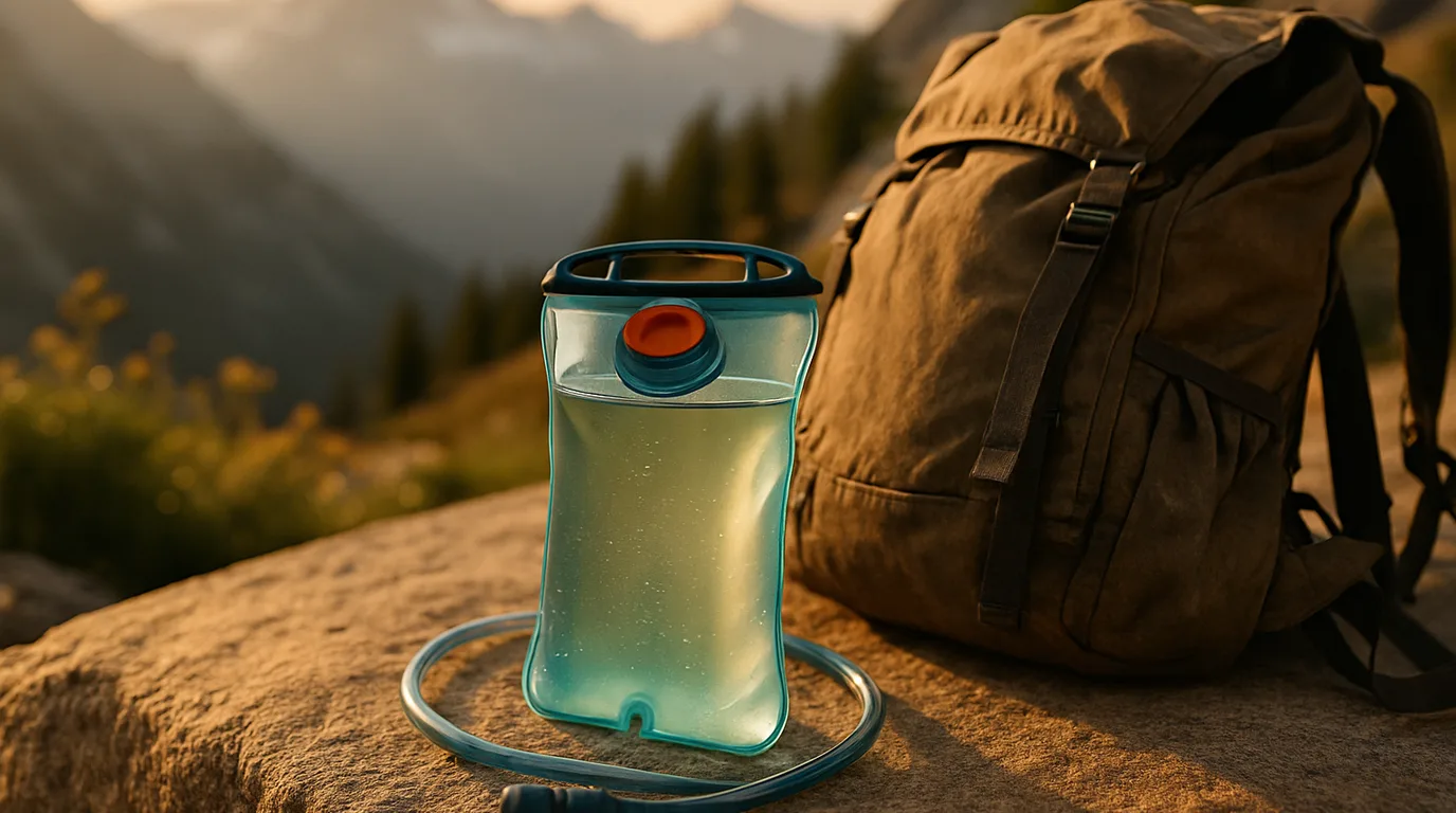Blaue Trinkblase mit Schlauch liegt neben einem Trekkingrucksack auf einem Fels