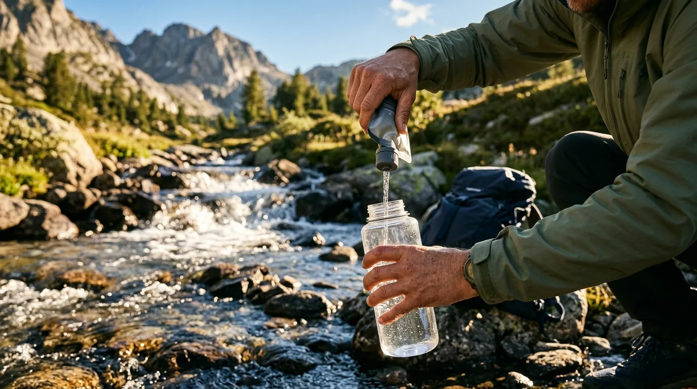 Wanderer füllt Trinkflasche mit Wasserfilter an einem klaren Gebirgsbach