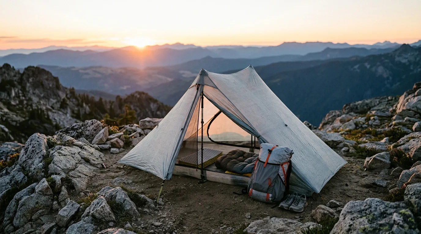 Ultraleichtes Backpacking-Zelt auf einem Bergrücken bei Sonnenuntergang, Rucksack daneben