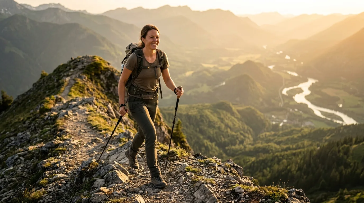 Nahaufnahme von Wanderhosen auf einem Bergpfad mit Felsbrocken im Hintergrund