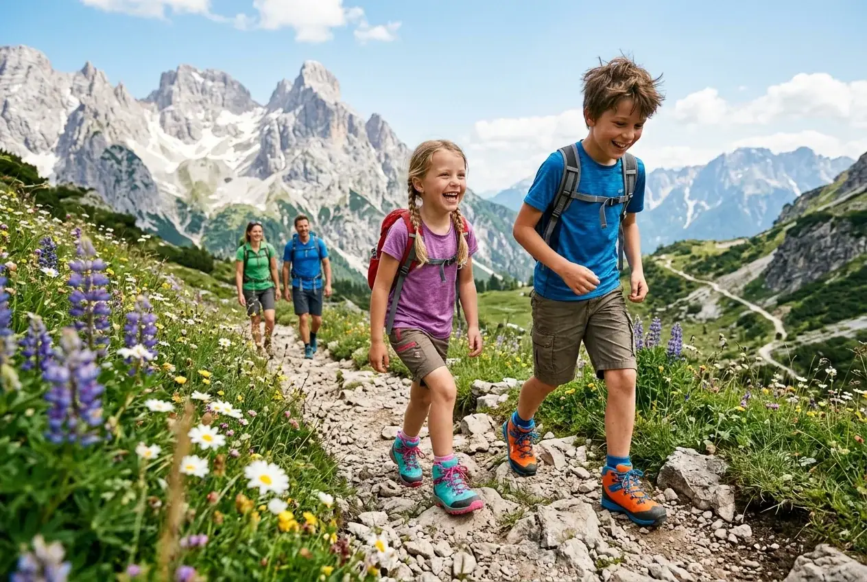 Kinderwanderschuhe auf einem Bergpfad – bunte Schuhe auf Steinen im Wald