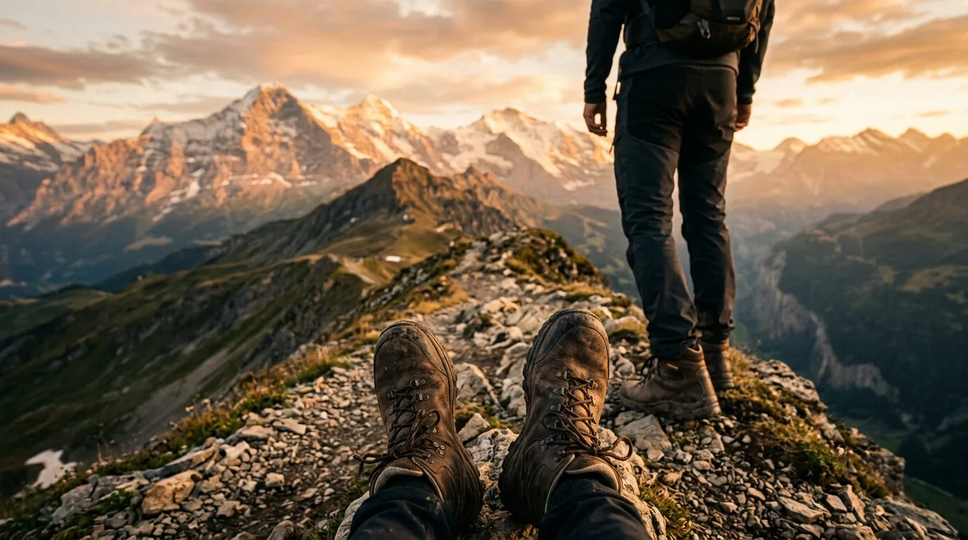 Nahaufnahme von Wanderschuhen auf einem felsigen Bergpfad