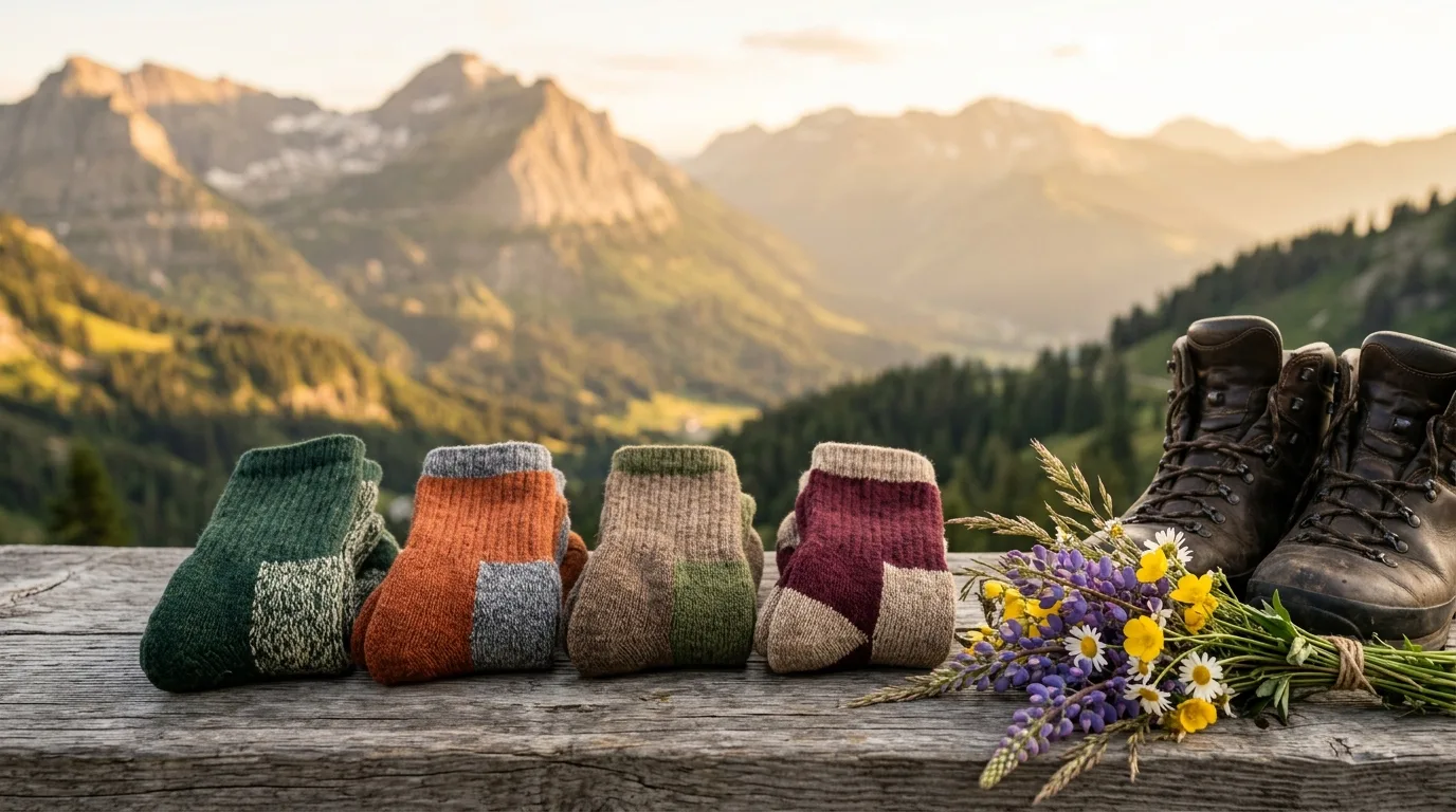 Vier Merino-Wandersocken nebeneinander auf einem Holztisch – Darn Tough, Icebreaker, Falke und Smartwool im Vergleich