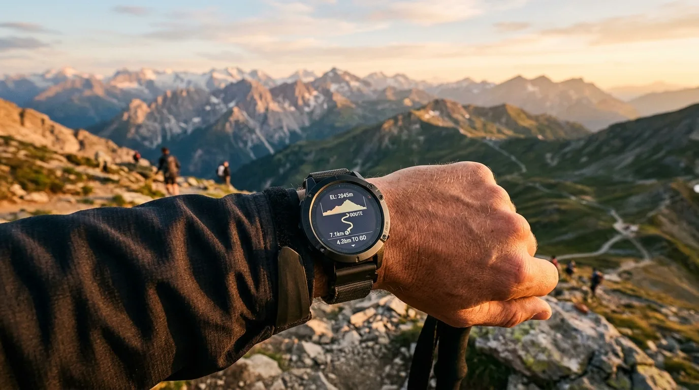 Wanderer in den Bergen mit GPS-Sportuhr am Handgelenk