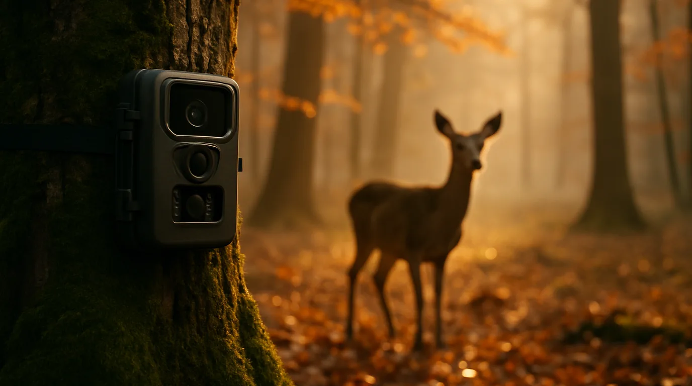 Wildkamera an einem moosbedeckten Baumstamm im Herbstwald, im Hintergrund ein Reh im frühen Morgenlicht