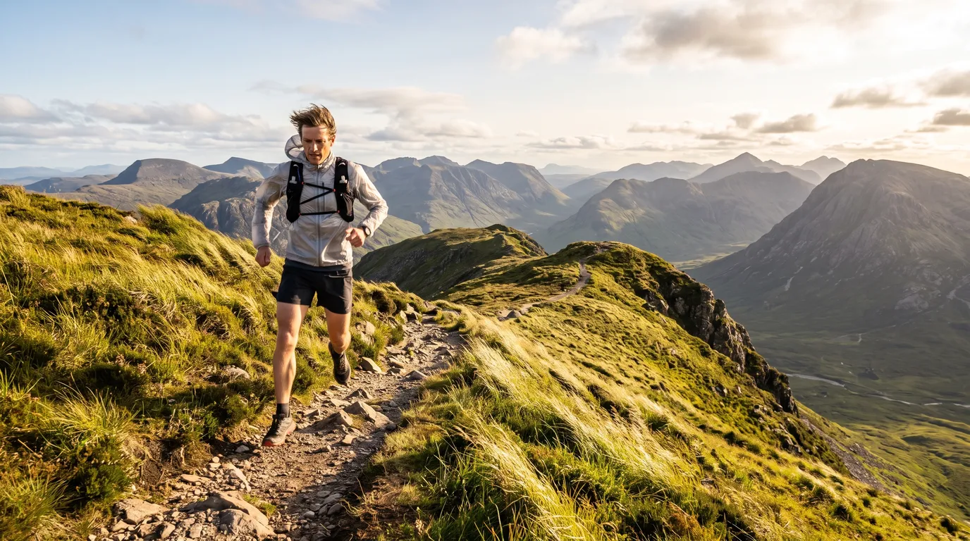Trailrunner in ultraleichter Windjacke auf einem windigen Grat mit Bergblick