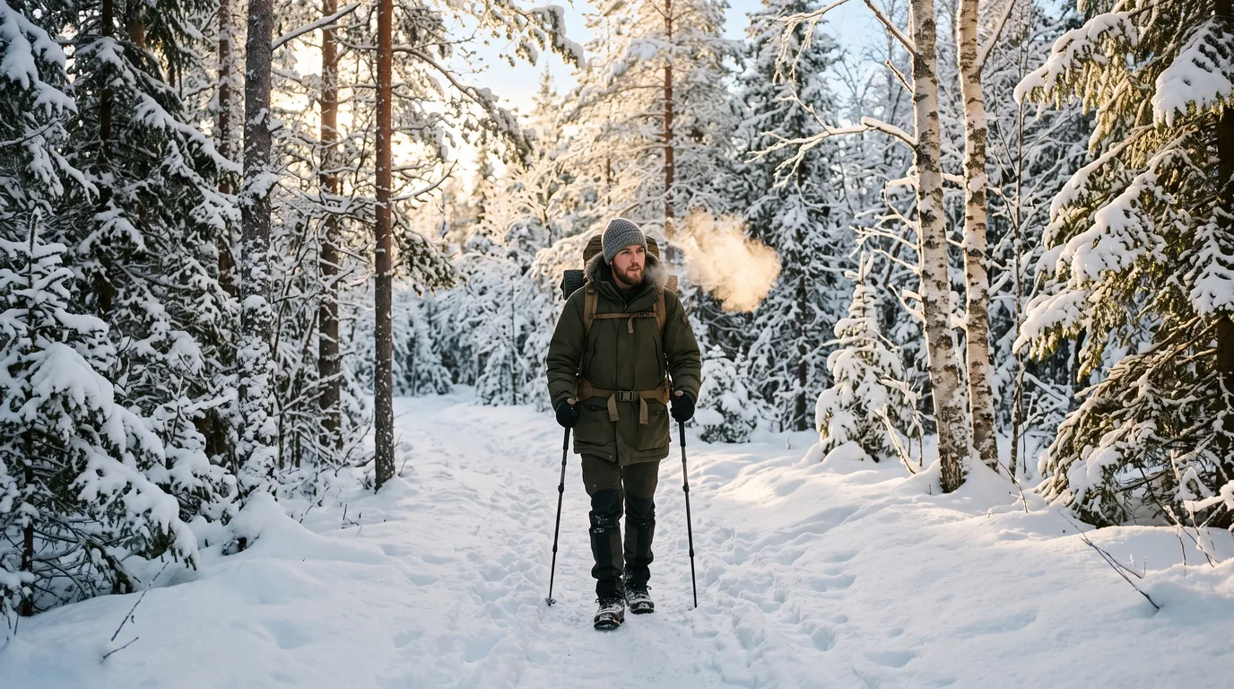 Wanderer in dicker Winterjacke mit Wanderstöcken auf einem verschneiten Waldweg
