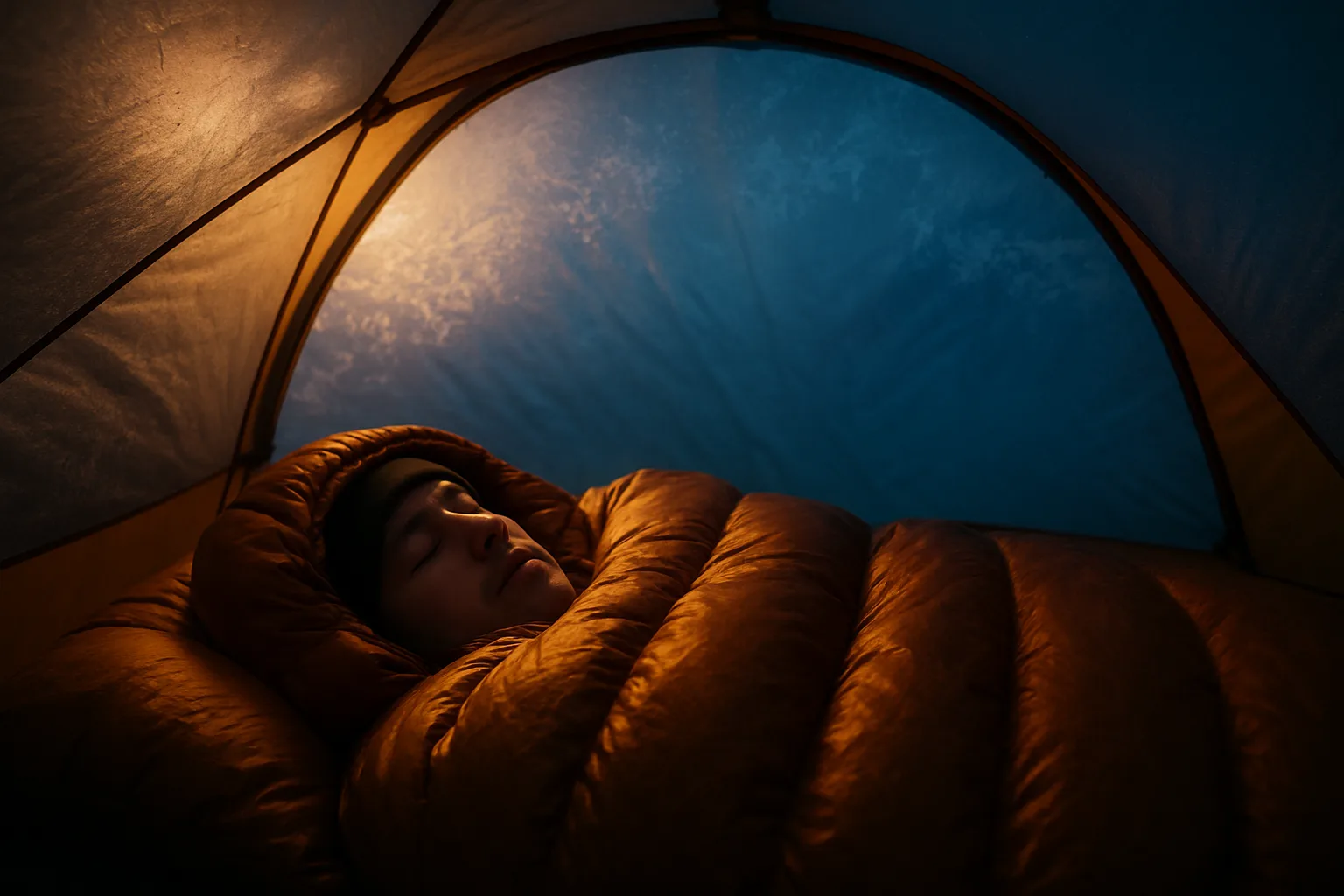 Schlafender Camper in einem wärmenden Daunenschlafsack im Zelt, Morgenreif an der Zeltplane, stimmungsvolles winterliches Licht