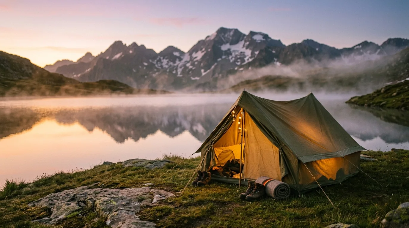 Zelt an einem Bergsee-Campingplatz im Morgenlicht