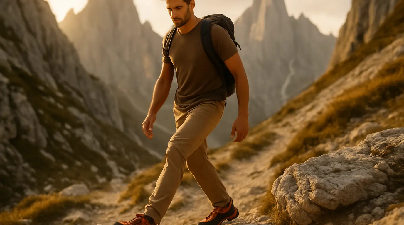Kletterer in Zustiegsschuhen auf einem felsigen Bergpfad beim Zustieg zur Kletterroute